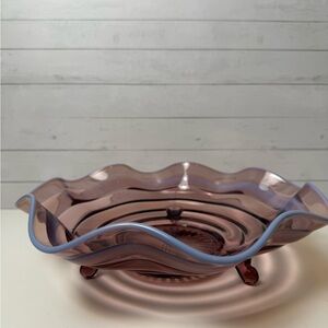 Fenton Line #100 Wide Rib 3-footed Wisteria Opalescent Bowl. 10 ½"